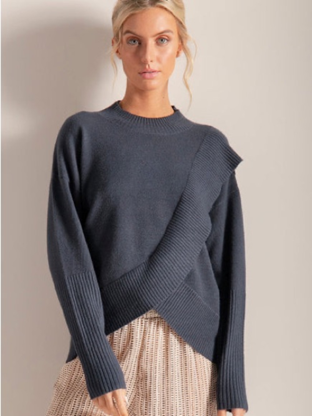 Women's Navy Asymmetrical Cowl Sweater